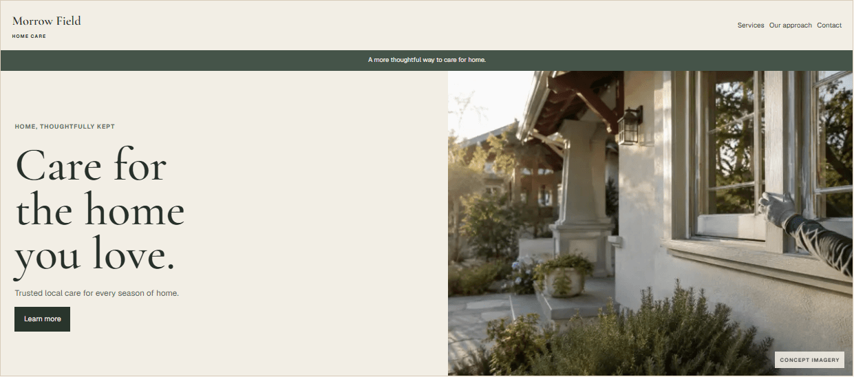 Fictional Morrow Field Home Care homepage with an ambiguous headline, a generic trust claim, a vague Learn more button, and a promotional banner.