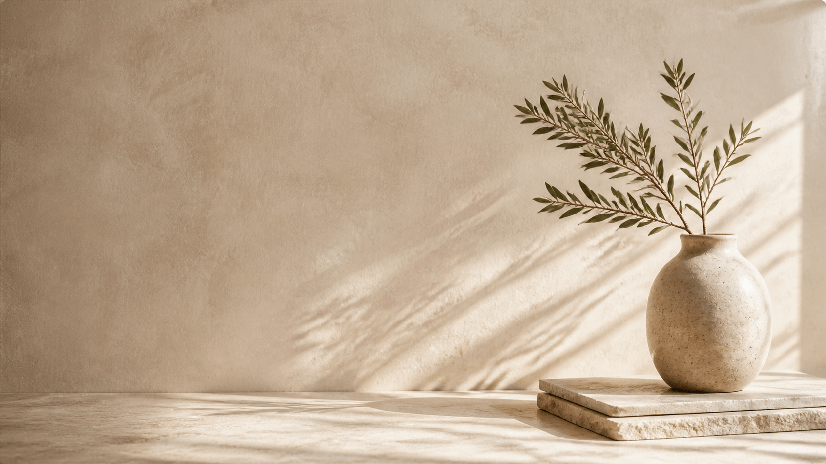 Warm architectural interior with an olive branch in a ceramic vase, reflecting JBX Web Studio's calm and premium design approach.
